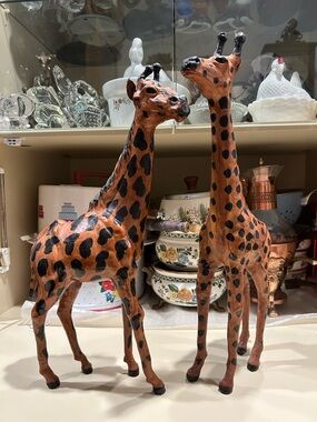 2 Vintage Leather Wrapped Giraffe Large 17" Tall